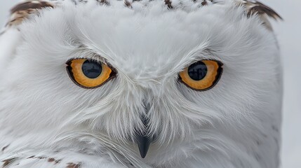Obraz premium Close-up of snowy owl with intense yellow eyes on white background