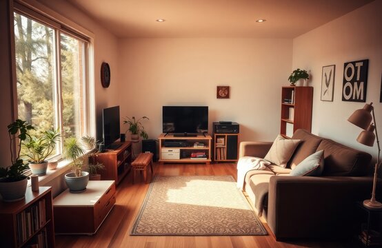 Cosy living room in modest Australian home with warm sunlight. Plants, comfy couch in room. Tv, wooden furniture add to everyday feel. Room neutral with modern farmhouse aesthetic. Panoramic view