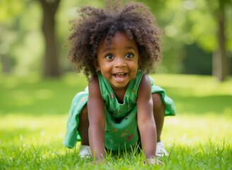 Young African American Girl Crawling on Green Grass Outdoors