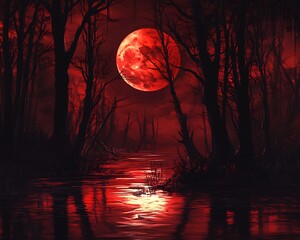 Blood Red Moon Over Dark Swampy Forest