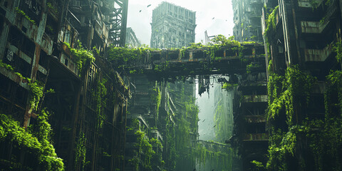 Urban landscape overtaken by nature in a post-apocalyptic setting with crumbling buildings and dense greenery