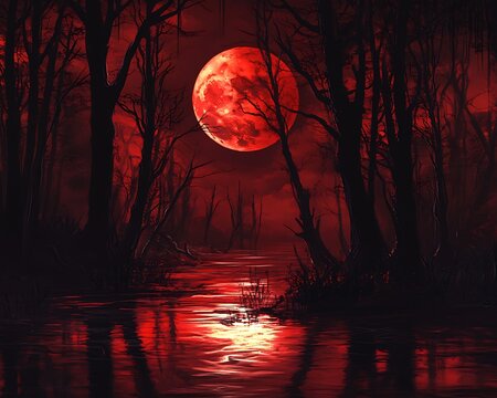 Blood Red Moon Over Dark Swampy Forest