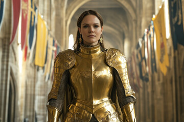 Young caucasian female knight in golden armor standing in grand cathedral interior