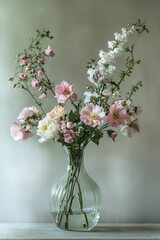 Pastel flowers in a glass vase, soft background.
