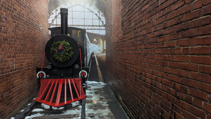 Photo of vintage tow steam locomotive standing between brick walls with a wreath on the front. Concept of steam locomotive, train, station, travel, transportation, Christmas, and nostalgia.
