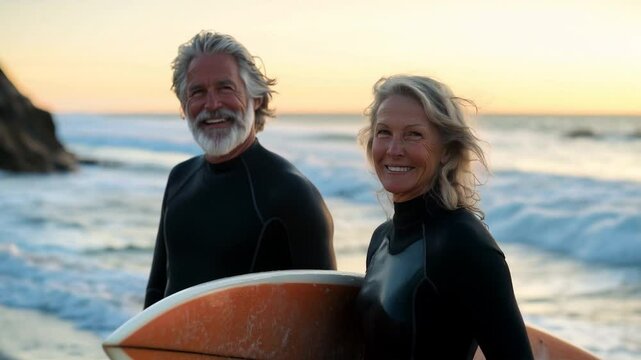 Smiling mature couple in wetsuits holding a surfboard by the ocean at sunset, embodying an active and adventurous lifestyle. Video made using Generative AI.
