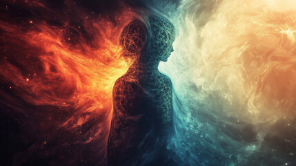 A figure cloaked in half light and half shadow, with fractal patterns glowing across the transition between the two
