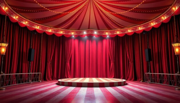 Empty circus stage with red curtains. Striped platform and circus tent ceiling with lights and decorations. Dramatic and colourful setting. Ready for performance or show.
