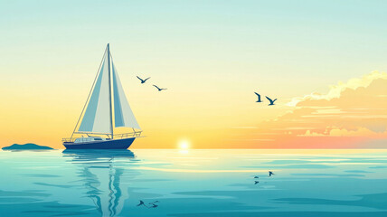 Fototapeta premium A stylized flat design depicting a yacht sailing on calm waters, surrounded by seagulls and set against a distant horizon, capturing a serene maritime scene.
