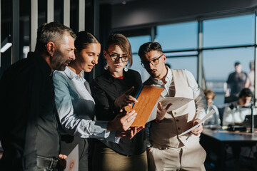 A group of business people engaged in a collaborative discussion in a contemporary office environment, sharing ideas and reviewing documents to achieve their goals.