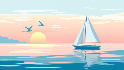 Fototapeta premium A stylized flat design depicting a yacht sailing on calm waters, surrounded by seagulls and set against a distant horizon, capturing a serene maritime scene.