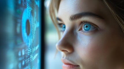 Digital blue eye with data visualization charts and graphs floating in front of it, representing the advanced technology used by AI to process information
