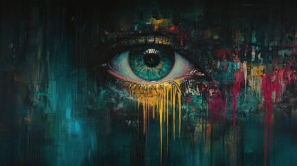 Abstract painting of a teal eye with colorful drips.