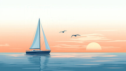 Fototapeta premium A stylized flat design depicting a yacht sailing on calm waters, surrounded by seagulls and set against a distant horizon, capturing a serene maritime scene.