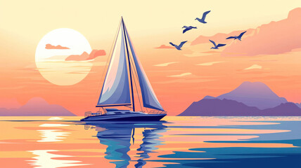 Fototapeta premium A stylized flat design depicting a yacht sailing on calm waters, surrounded by seagulls and set against a distant horizon, capturing a serene maritime scene.