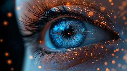 Digital blue eye with data visualization charts and graphs floating in front of it, representing the advanced technology used by AI to process information