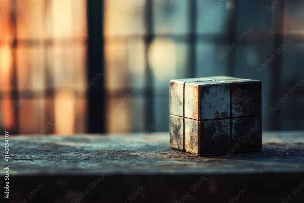 Poster weathered metal cube on rustic surface, blurred background.