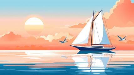 Naklejka premium A stylized flat design depicting a yacht sailing on calm waters, surrounded by seagulls and set against a distant horizon, capturing a serene maritime scene.