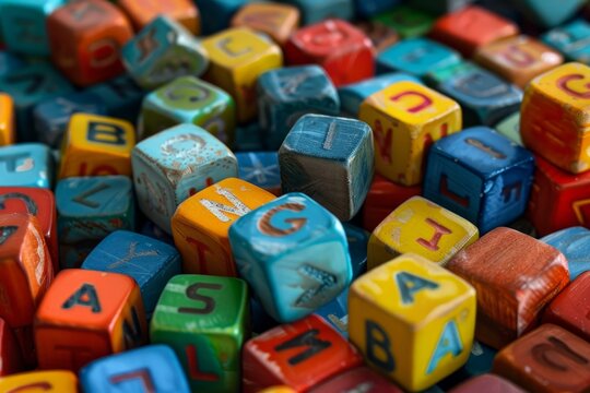 Jumbled pile of colorful wooden alphabet blocks is lying on a surface, forming random letters