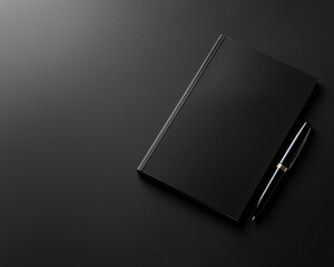 Black notebook mockup with pen on dark background with space on the left, stylish stationery display