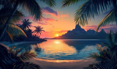 Paradise get-away Environment in Bora Bora. Tourism wallpaper with Majestic Sunrise Beach.