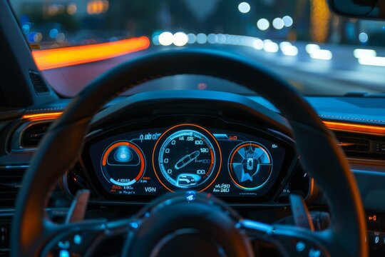 Modern car dashboard showing speed and battery status while driving in the city at night