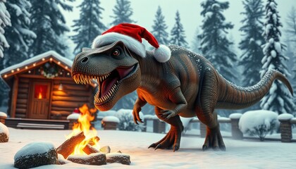 Dinosaur in Christmas hat near cozy cabin in snowy winter landscape. Prehistoric creature looks wild, aggressive. Christmas spirit meets prehistoric animal. Funny image. Perfect for holiday cards