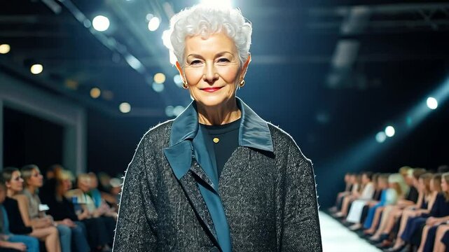 Silver Fox on the Runway: A stylish older woman with short, silver hair confidently strolls down a runway, radiating elegance and grace. The image captures the beauty and power of aging gracefully. 