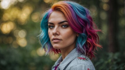 Young woman with colorful hair standing in a forest during golden hour