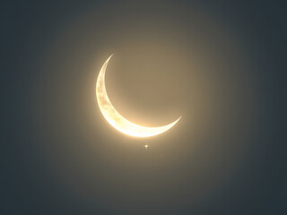 Crescent Moon in a Night Sky: A serene crescent moon, illuminated by the soft glow of its light, hangs gracefully in the vast expanse of a night sky.