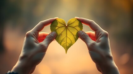 Two hands, delicately holding a heart-shaped leaf, concept of natural lover