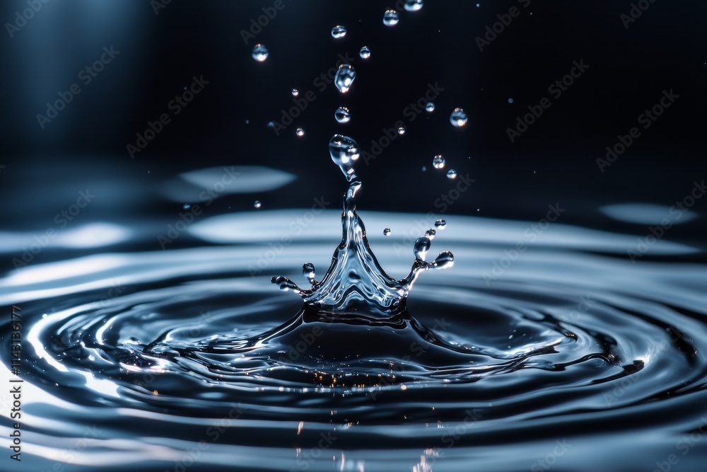 Poster water droplet impact, creating a crown splash and concentric ripples on a dark surface.