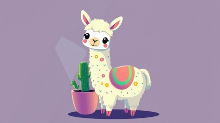In a playful and colorful world, a cute llama with a fluffy mane poses next to a potted cactus, exuding joy and charm against a soft purple backdrop