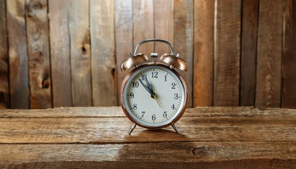 Naklejka premium A classic alarm clock on an old-fashioned wooden desk,