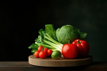 a mix of veggies on wood, symbolizing veganuary with rich tones textures, promoting a plant-based lifestyle