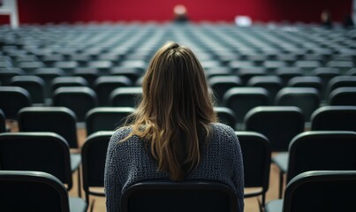 In an event hall filled with empty chairs, a woman is bored and completely alone.
