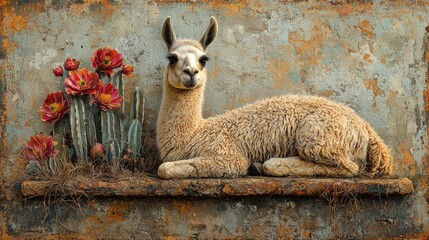Obraz premium A charming llama lounges peacefully on a weathered surface, accompanied by colorful cacti and flowers. The sunlight enhances the scene's earthy tones and subtle textures