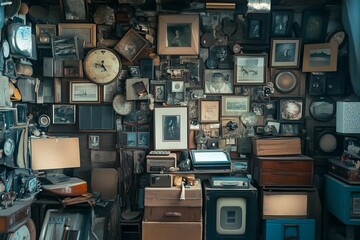 A wall covered in vintage photos, clocks, and other memorabilia, with antique furniture below.