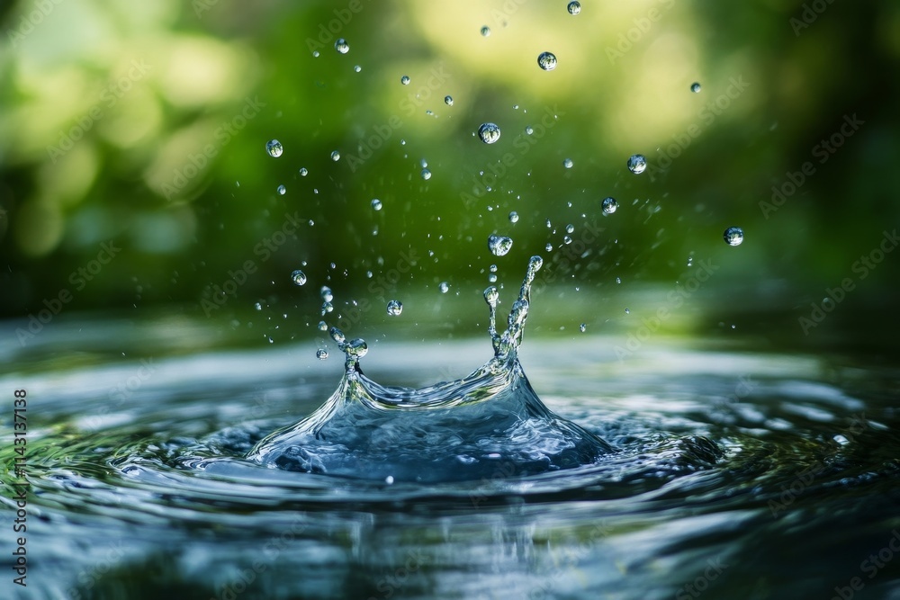 Poster water droplet splashing in a pond, creating concentric ripples.