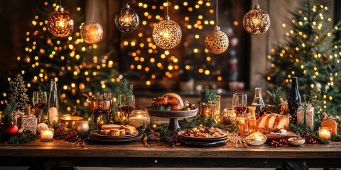 Warm winter meal setting featuring festive dishes and decorations in a cozy environment with glowing lights