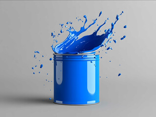 Blue Paint Can Mockup with Splash Floating in Air on Grey Background UltraRealistic Photography