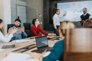 A diverse group of business people engaged in a collaborative meeting, discussing strategies and...