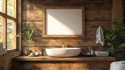 Rustic bathroom with a blank frame above the sink