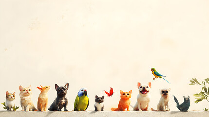 un grupo de animales como perros gatos y aves juntos animales graciosos sobre un fondo liso con espacio de copia en color claro fondo divertido