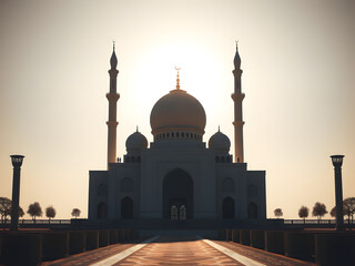 Silhouetted Mosque at Sunrise: A majestic mosque stands tall against the backdrop of a vibrant sunrise, its intricate details and towering minarets bathed in the golden light of dawn.