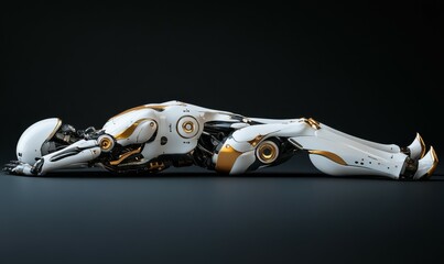 Side view, Female humanoid robot invention on dark dark background.