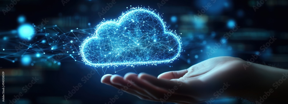 Poster hand touching a glowing cloud icon with data and cyber network connections on a black background con