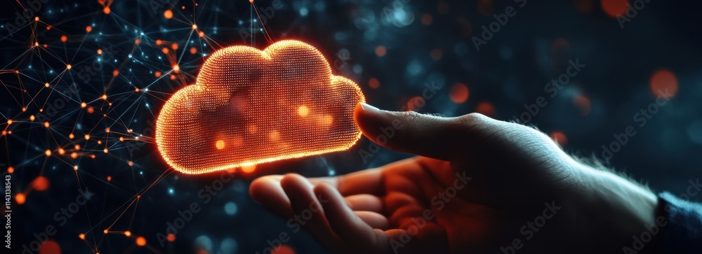 Poster hand touching a glowing cloud icon with data and cyber network connections on a black background con