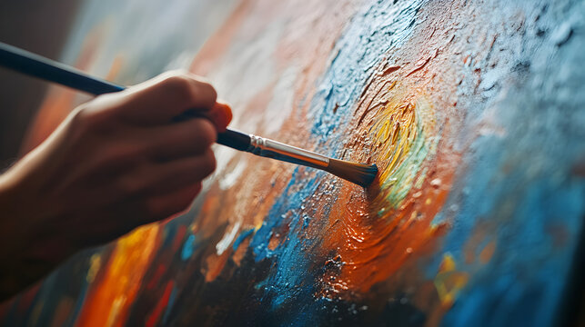 mano de una persona con un pincel o brocha pintando sobre un lienzo con pintura acrilica o al oleo creando una artesania una obra de arte mezclando colores pasatiempo relajante