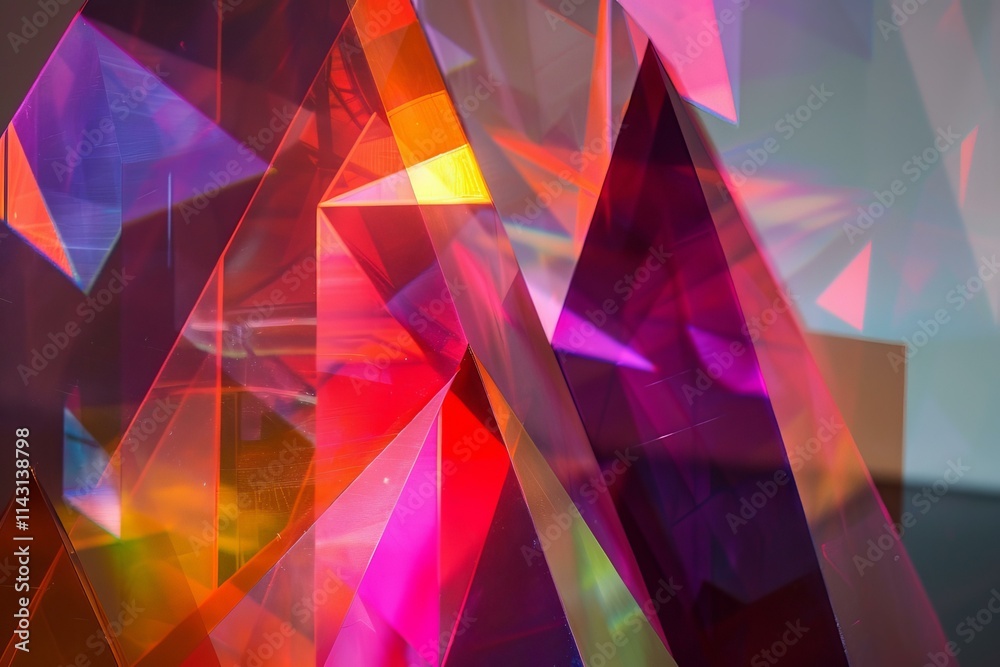 Poster light is refracting through colorful transparent triangular shapes, creating an abstract composition